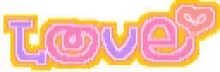 the word love is written in pink and purple letters on a yellow background .