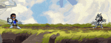 a pixel art of a man and a wolf fighting each other