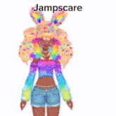 a cartoon of a girl with rainbow hair and the words jampscare on the bottom
