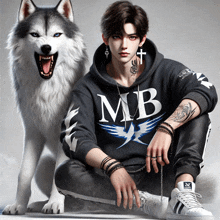 a man wearing a hoodie that says mb kneeling next to a husky