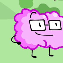 a cartoon drawing of a pink cloud with glasses on