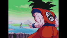 a cartoon character with a chinese symbol on his back is standing in front of a body of water .