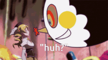 a cartoon of a woman standing next to a bird that says " huh ? "