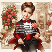 a little boy in a tuxedo and bow tie is holding a rose and a toothpick