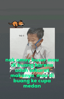 a picture of a boy wearing an oxygen mask with a dog behind him