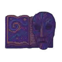 a pixel art of a book with a purple mask on it