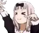 a cartoon girl is making a face with her hands in the air .