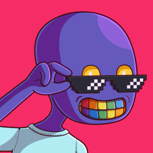 a cartoon drawing of a purple alien wearing sunglasses and a blue shirt