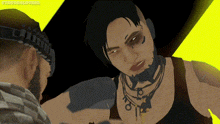 a man and a woman are standing next to each other and the woman has a tattoo on her chest that says ' o '