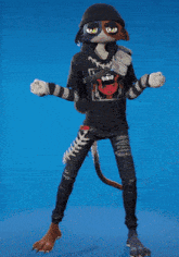 a cat wearing a black shirt with a skull on it is standing on a blue background