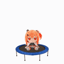 two stuffed animals are sitting on top of a trampoline that says my hood