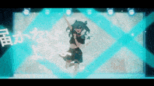 a girl is dancing on a stage in front of a screen with japanese writing