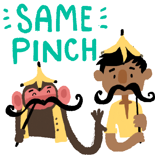Boy And Monkey With Banana Crowns With Caption 'Same Pinch' In English Sticker - Monkeys Best Friend Same Pinch Moustache Stickers