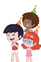 a boy and two girls are wearing party hats and glasses