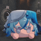 a cartoon character with blue hair and a blue hat