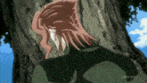 a man with red hair is leaning against a tree with the words adult swim written below him