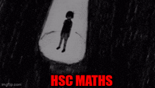 a black and white drawing of a boy with the words hsc maths written in red