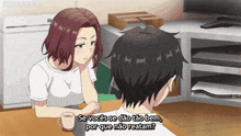 a man and a woman are sitting at a table and the woman says se vocês