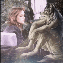 a woman sits next to a statue of a wolf with a long mane