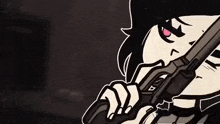 a cartoon character is holding a gun in his hand and pointing it at the camera .