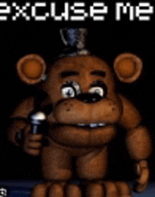 five nights at freddy 's freddy the bear is holding a microphone .
