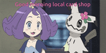 a girl and a ghost are standing next to each other with the words good morning local card shop below them