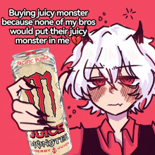 a drawing of a girl holding a can of monster energy drink