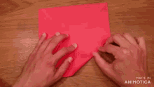 a person is making an origami heart with the words made in animotica behind them