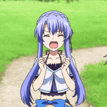 a girl with blue hair and a blue bow on her top