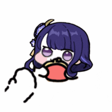 a cartoon drawing of a girl with purple hair holding a purse in her mouth .
