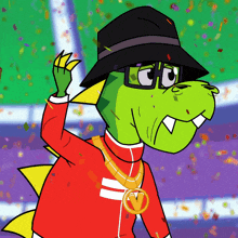 a cartoon character wearing glasses and a hat has a medal around his neck with the letter v on it