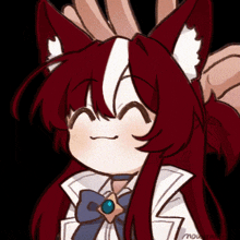 a drawing of a girl with red hair and white ears with the name mountain on the bottom