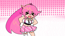 a cartoon girl with pink hair and a plaid skirt