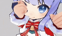 a close up of a cartoon character with blue eyes and purple hair
