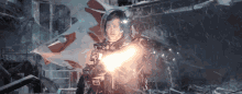 a man in a space suit is holding a light beam