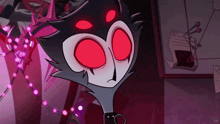 a close up of a cartoon character with red eyes .