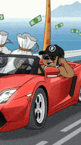 a cartoon of a man talking on a cell phone while driving a red car