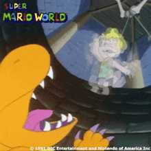 a poster for super mario world shows a cartoon character