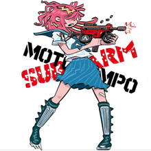 a cartoon of a girl holding a gun with the words moto arm super wpc written on the bottom