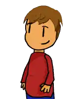 a cartoon of a boy sticking out his tongue and wearing a red shirt
