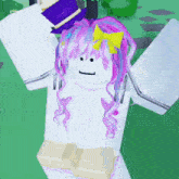 a cartoon character with pink and blue hair and a yellow bow