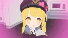a cartoon of a girl with yellow hair and a hat with a shield on it