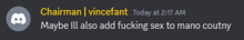 a screenshot of a discord conversation between chairman and vincefant