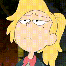 a cartoon girl with blonde hair and a ponytail is making a sad face .