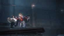 a person is standing on a table with a sword in their hand and a light coming out of the sword .