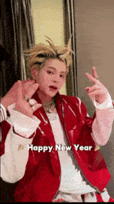 a man in a red jacket with the words happy new year written below him
