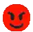 a pixel art of a red smiley face with an angry look on it .