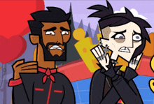 two cartoon characters are standing next to each other and one of them has a tattoo on his ear
