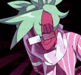 a cartoon drawing of a person with green hair and glasses