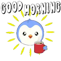 a penguin holding a cup of coffee with the words good morning